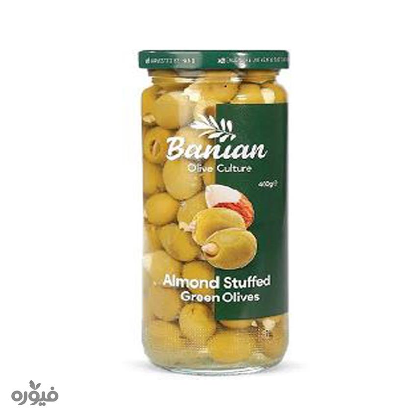 زیتون سبز با مغز بادام شیشه ایی460گرمی بانیان