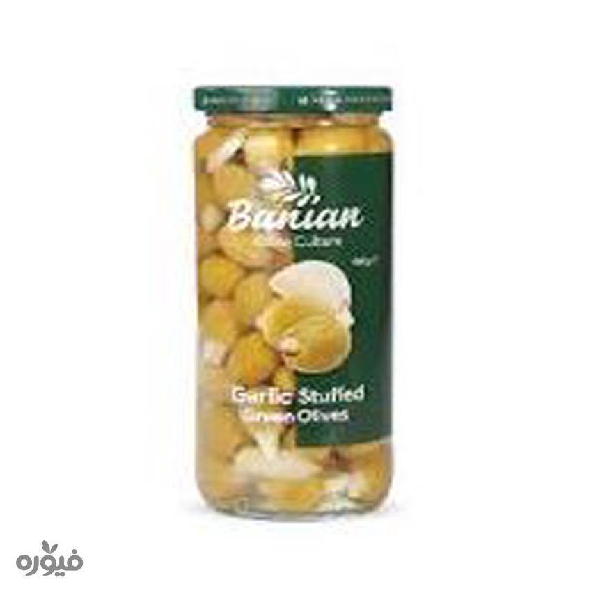 زیتون سبز با مغز سیر شیشه ایی 460گرمی بانیان